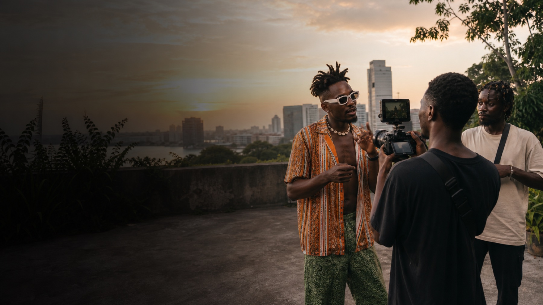 Ivorian fashion and music creator filming with a local crew in Abidjan