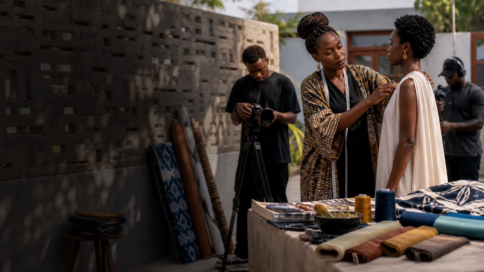 Ghanaian fashion creator directing a studio production in Accra