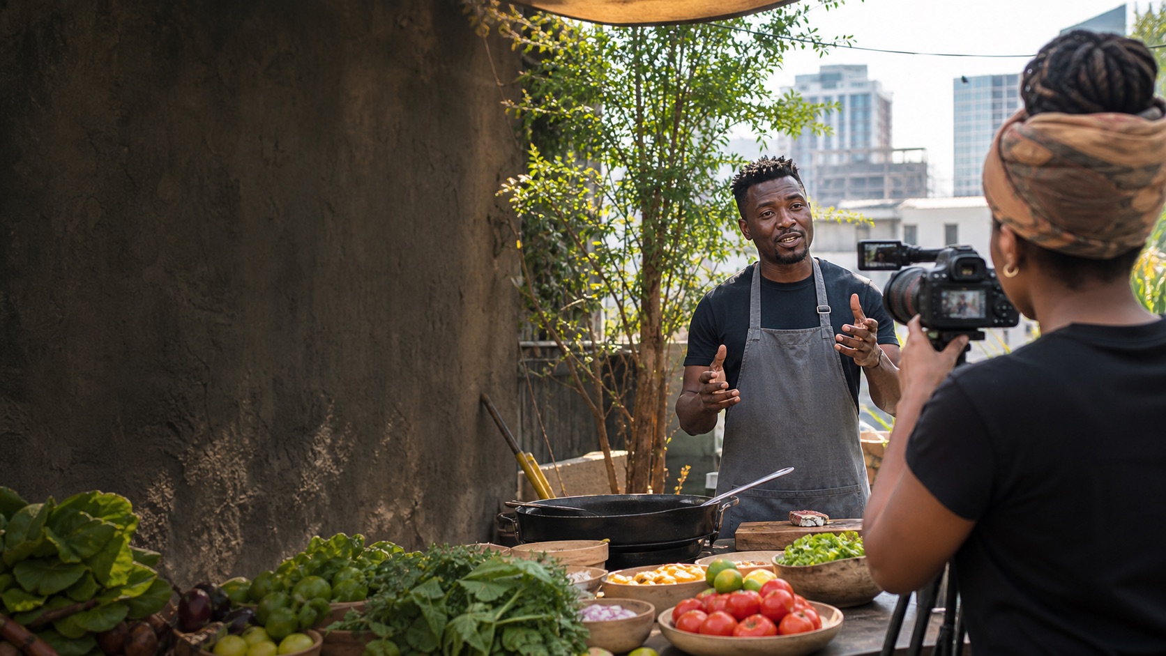 Kenyan food creator filming a market-to-table story in Nairobi