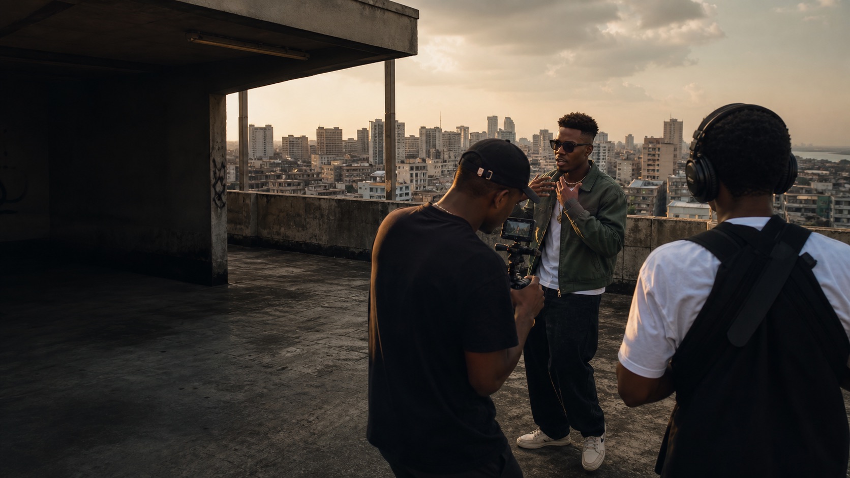 Nigerian music creator filming with a crew on a Lagos rooftop