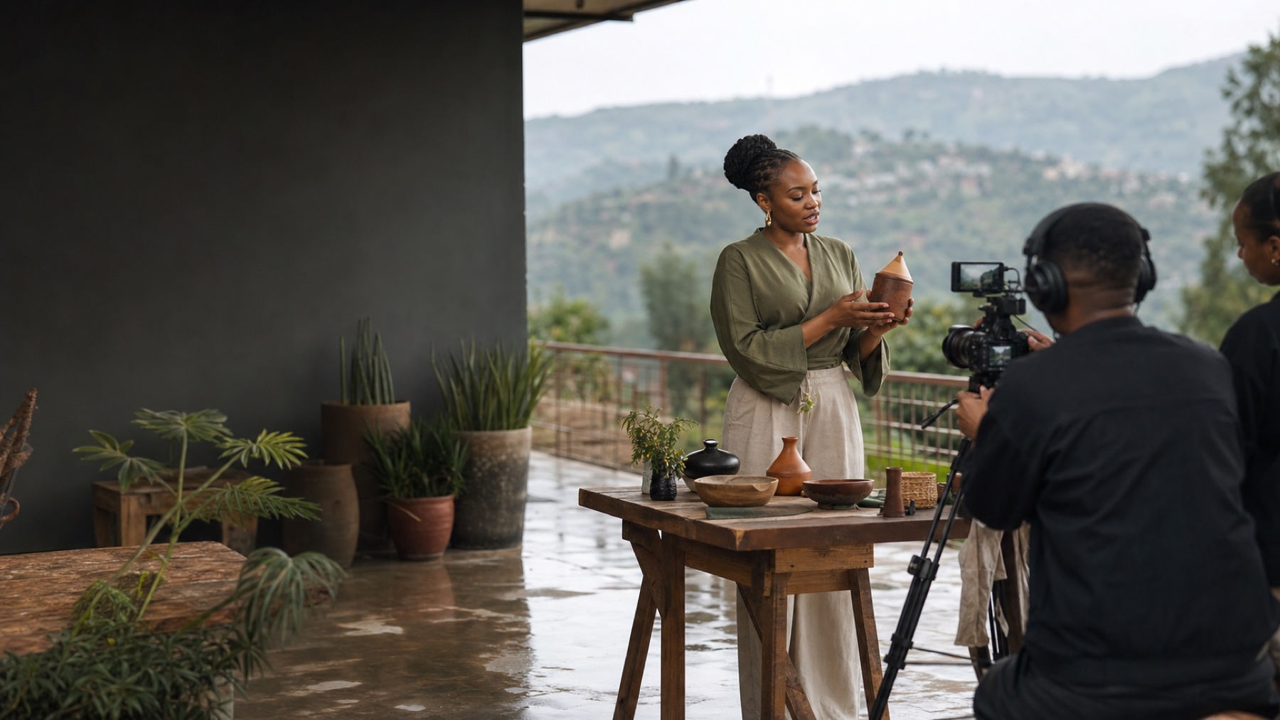 Rwandan design creator filming a sustainability story in Kigali
