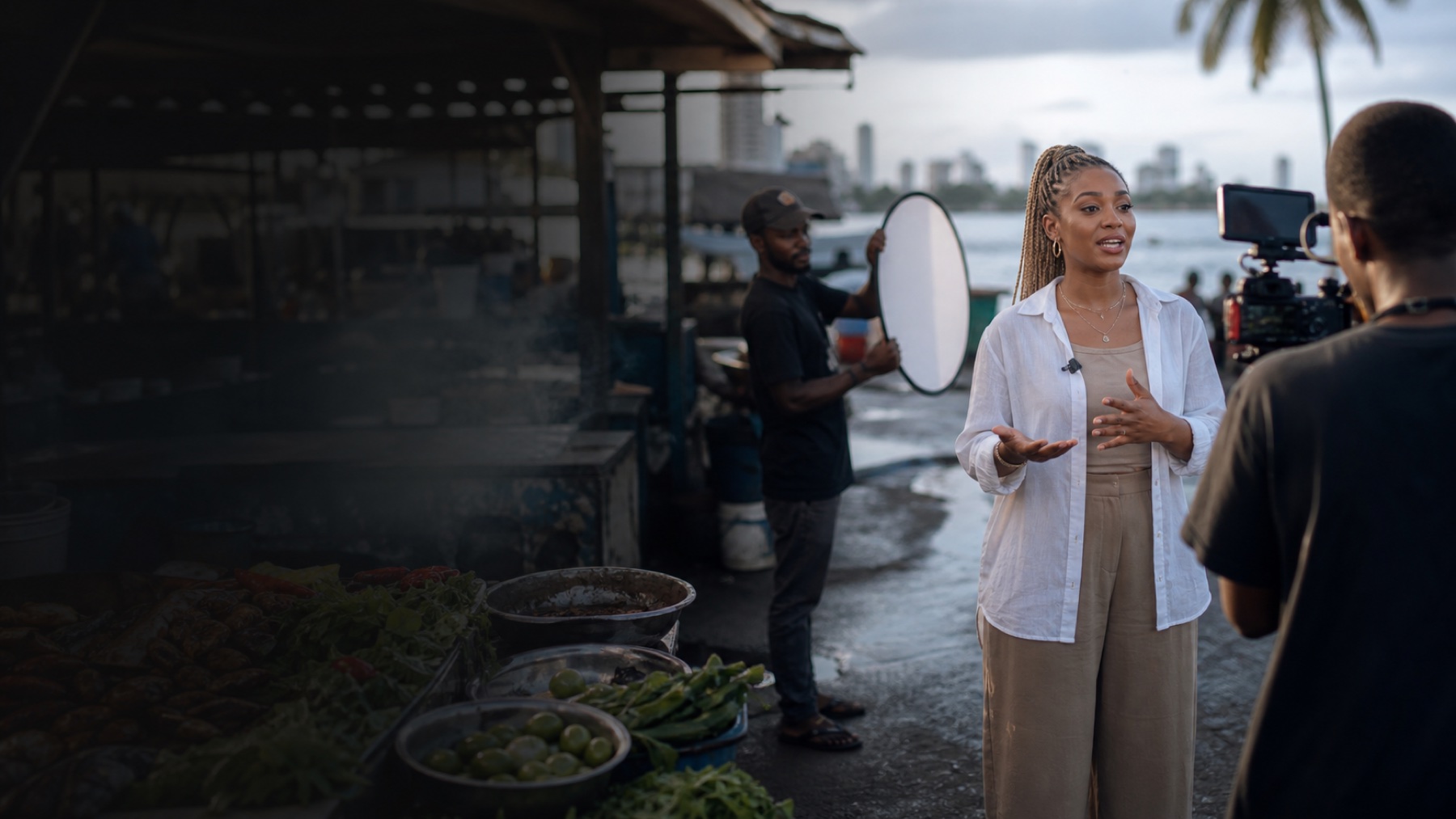 Tanzanian travel and food creator recording a market-to-city story in Dar es Salaam