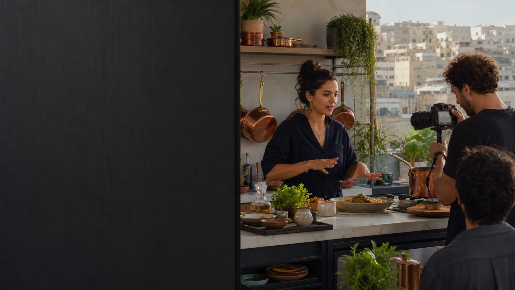 Tunisian food and culture creator filming a contemporary recipe story in Tunis