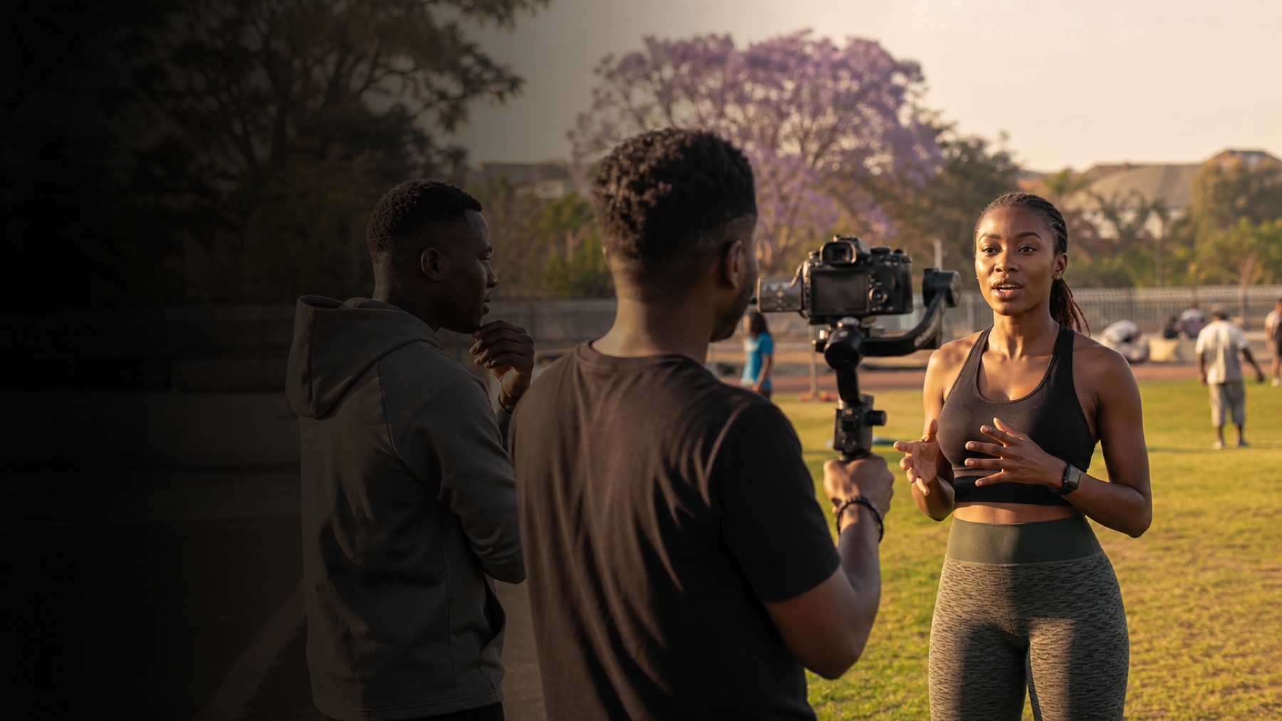Zambian sport and wellness creator filming an outdoor training story in Lusaka