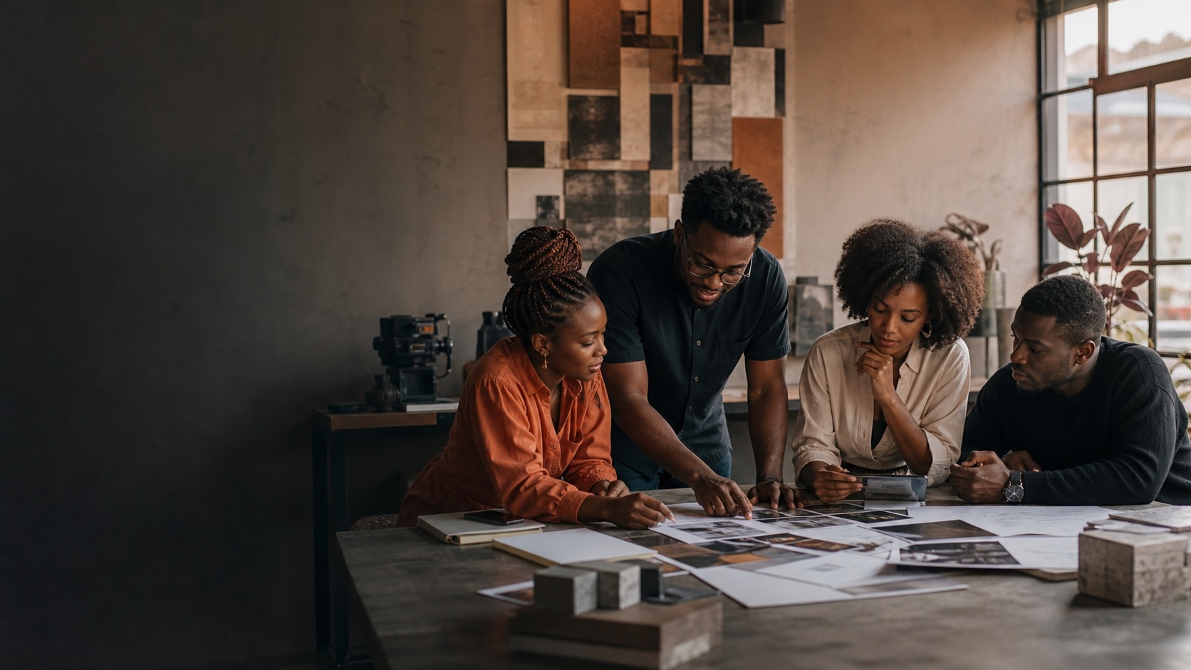 African creative strategy team reviewing campaign storyboards