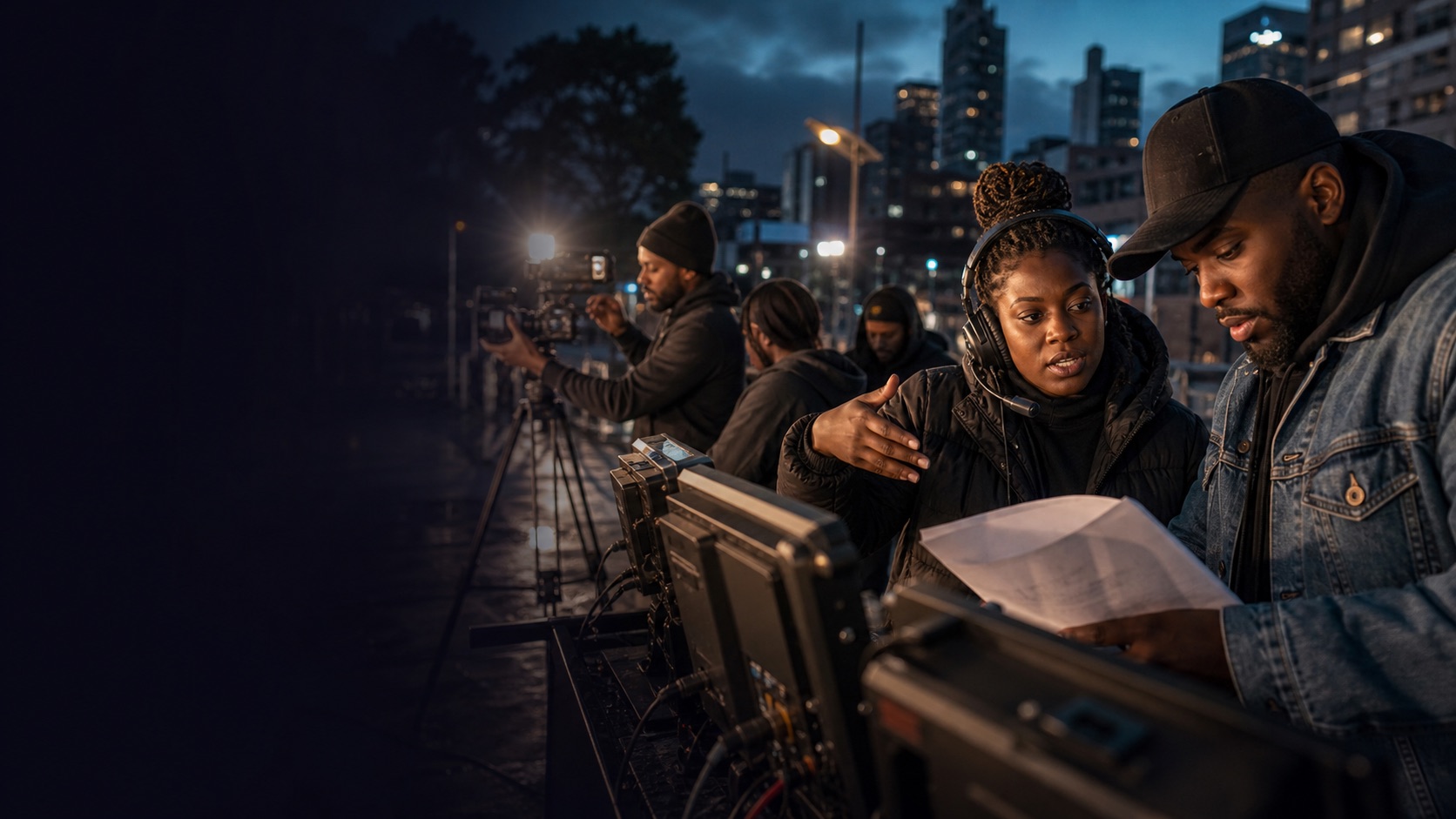 Campaign operations team coordinating an urban creator production